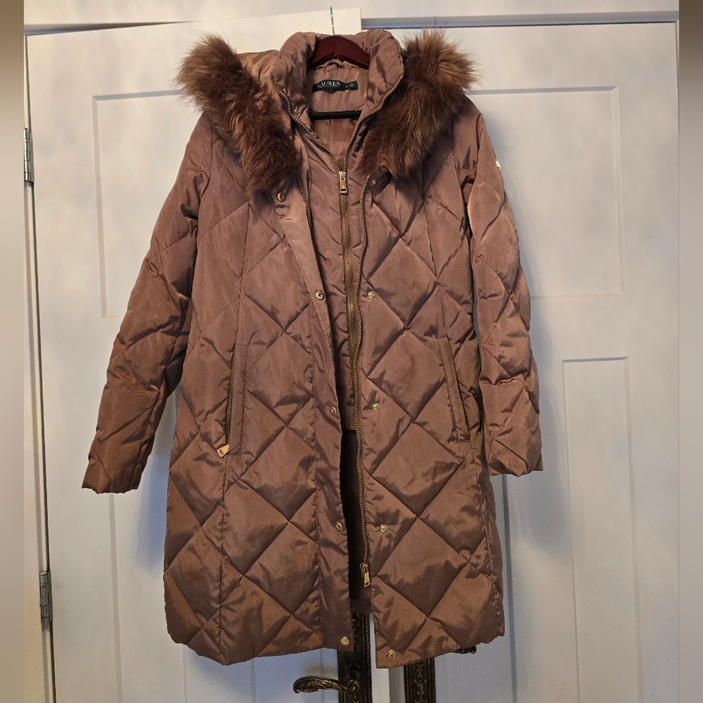 Ralph Lauren Womans Down Parka M Coat Puffer Winter Jacket Tan Brown Fur Long L